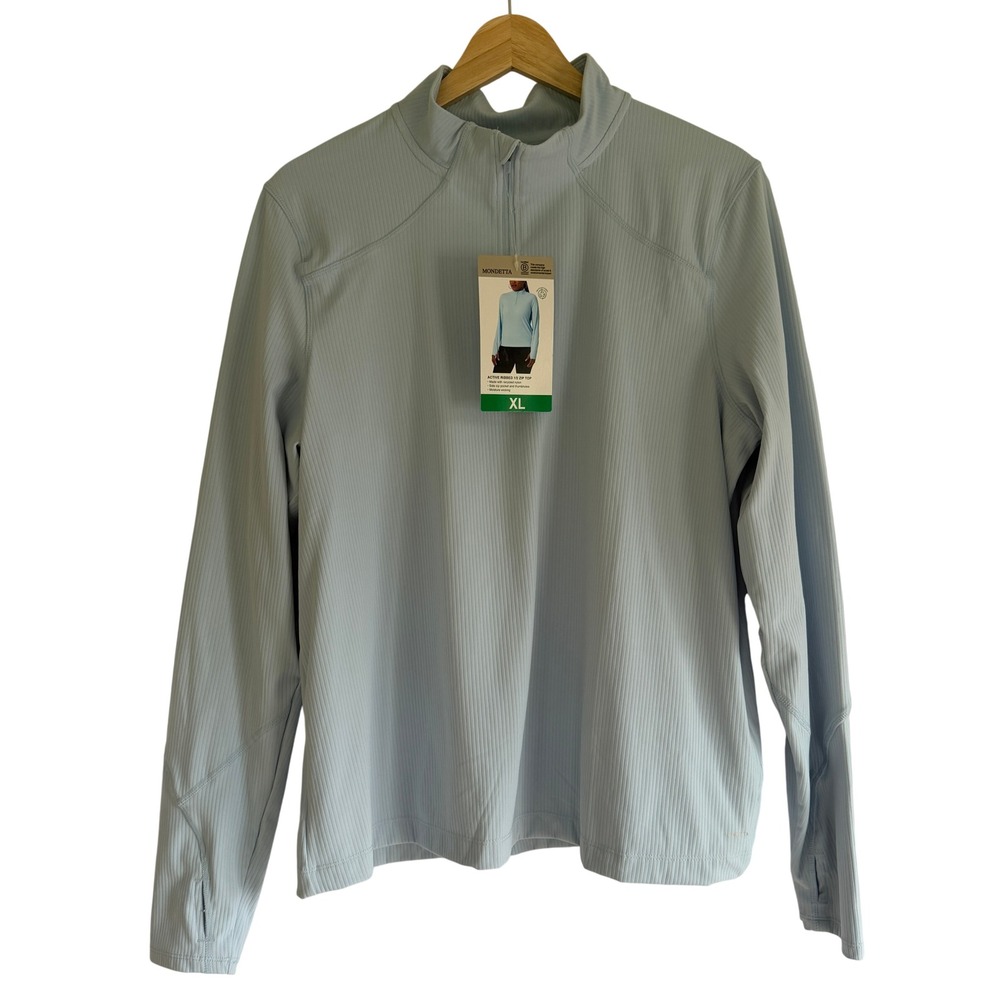 Mondetta Women XL Active Ribbed 1/2 Zip Top Light Blue Thumbhole Pullover NEW